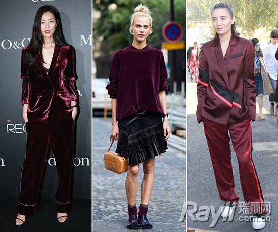 ◆刘雯身穿Edition10酒红色睡衣款西服套装 ◆小宋佳身穿KENZO 15秋冬酒红色西服套装