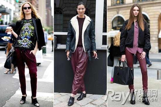 ▲再来看看秀场外超模是如何演绎酒红色裤装的