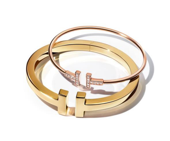 Tiffany & Co。蒂芙尼T系列18K玫瑰金镶钻细款手镯；Tiffany & Co。蒂芙尼T系列18K黄金手镯