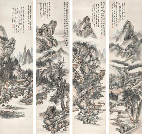 　　Lot140 冯超然 山水四屏 　　立轴（四帧） 设色纸本 　　1904年、1943年作 　　出版：《中国近代绘画丛刊·冯超然》第4至5页，（台北）雅墨文化事业有限公司，2008年1月 　　著录：《冯超然年谱》第20至21页，上海书画出版社，2007年12月 　　127.5×31.5 cm。（4） ，约3.6平尺（每幅）