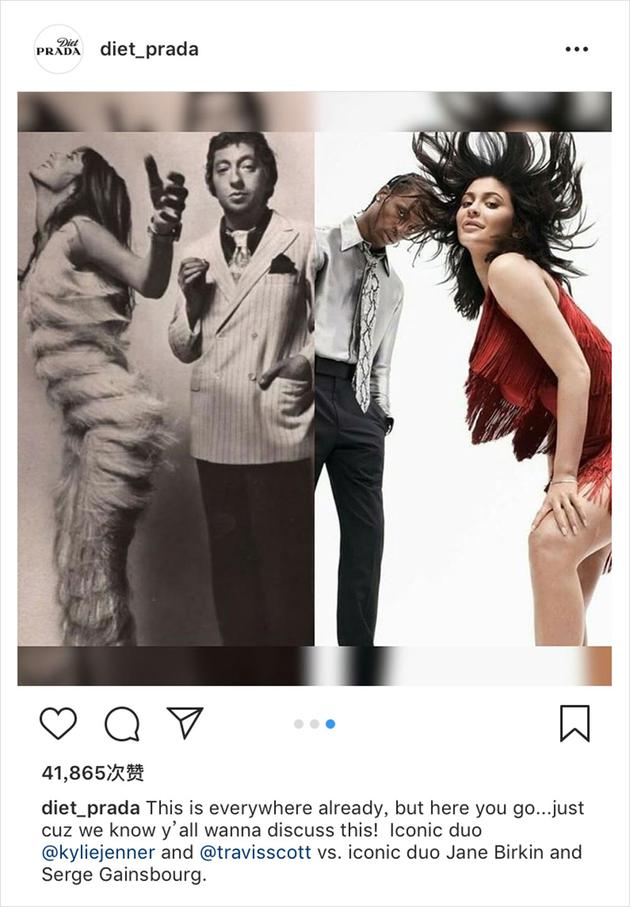 @diet_prada指出造型模仿法国歌手&nbsp;Serge Gainsbourg 和情人&nbsp;Jane Birkin&nbsp; 70 年代拍摄的写真集