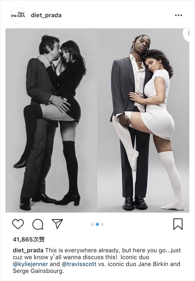 @diet_prada指出造型模仿法国歌手&nbsp;Serge Gainsbourg 和情人&nbsp;Jane Birkin&nbsp; 70 年代拍摄的写真集