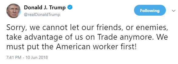 　　美国总统特朗普发布推文称，“很抱歉，我们不能再让盟友或敌人在贸易上占我们便宜了。我们必须以美国工人为先！”（来源：Twitter）