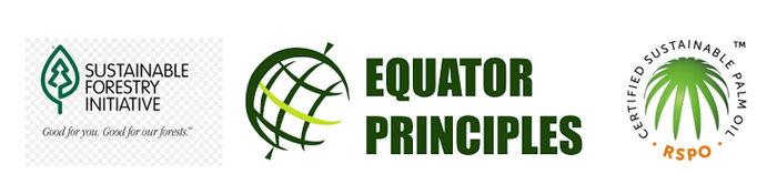 标志由左到右分别是：可持续森林倡议、赤道原则与可持续棕油圆桌会议