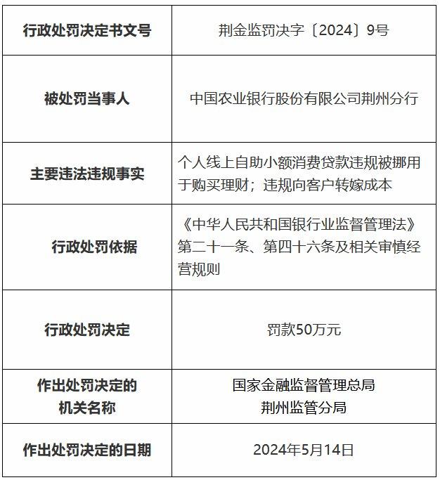 因个人线上自助小额消费贷款违规被挪用于购买理财等 农业银行荆州分行被罚50万元