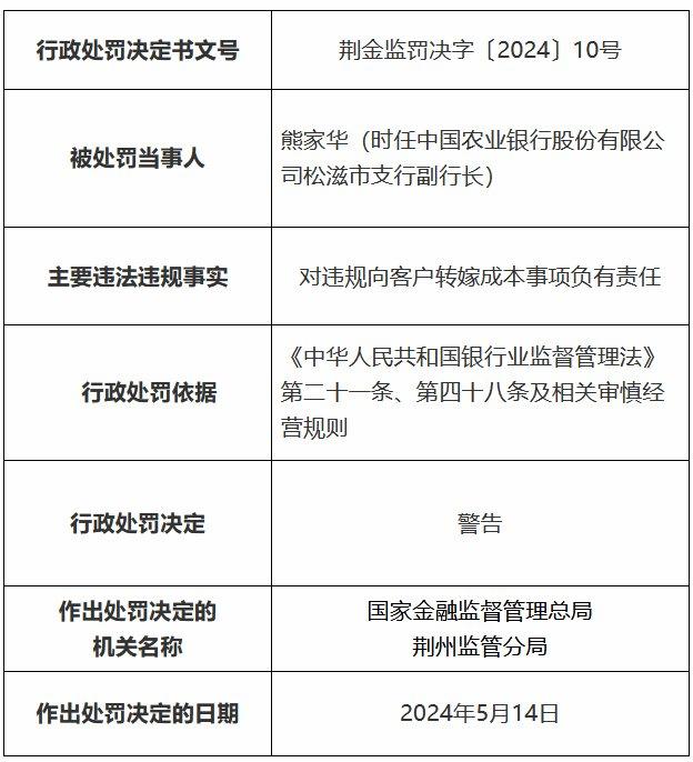 因个人线上自助小额消费贷款违规被挪用于购买理财等 农业银行荆州分行被罚50万元