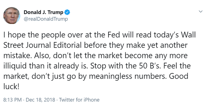 　　北京时间18日20:13，美国总统特朗普发推称，“我希望美联储在犯下另一个错误前能读读今天《华尔街日报》的社论。此外，不要让市场变得比现在流动性更差，停止500亿美元（每月的“缩表”规模）。感受市场，不要只看无意义的数字。祝好运！”（图片来源：Twitter）