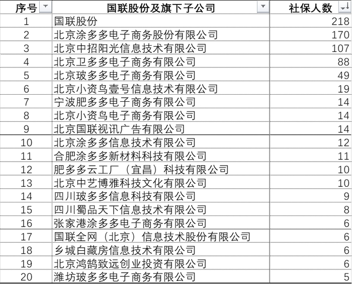 来源：天眼查2021年国联及旗下子公司社保人数部分截图