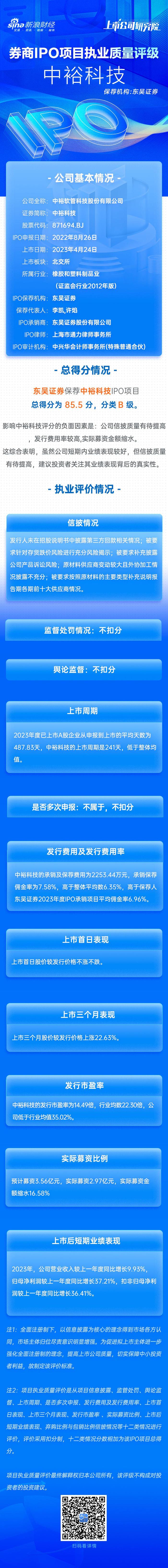 东吴证券保荐中裕科技IPO项目质量评级B级 承销保荐佣金率较高