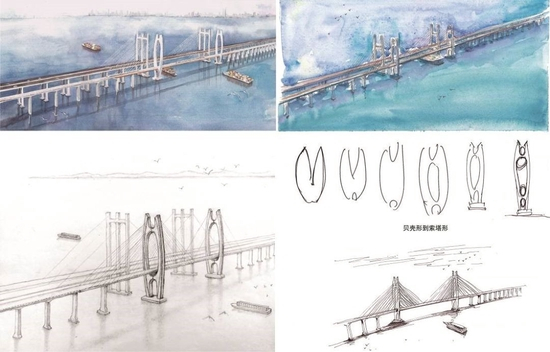 ▲ 泉州湾跨海大桥手绘图及方案构思演变&nbsp;&nbsp;（图源：铁四院严爱国团队）