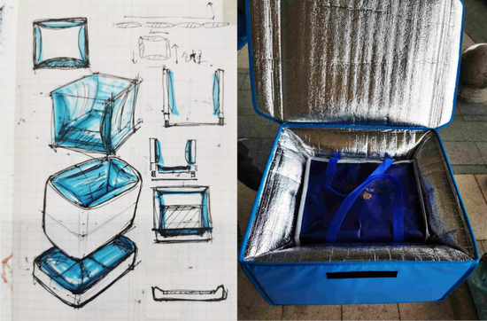 ▲气囊餐箱设计手稿及成品
