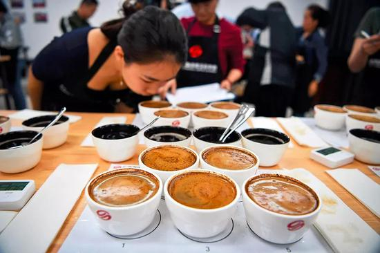　咖啡赛事上评委品鉴咖啡。图/中新