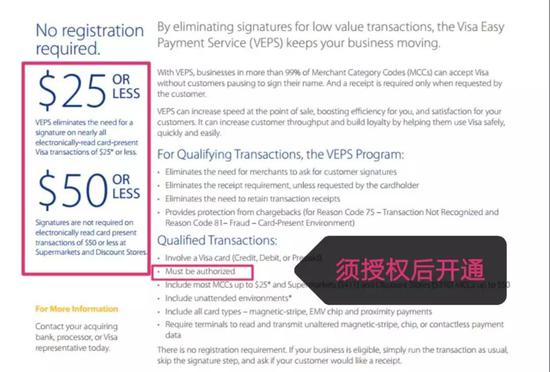 记者在VISA官网查询后发现，VEPS单笔支付限额最高为50美元（约合340元人民币），且开通该功能必须得到用户事前授权。（图片由记者提供）