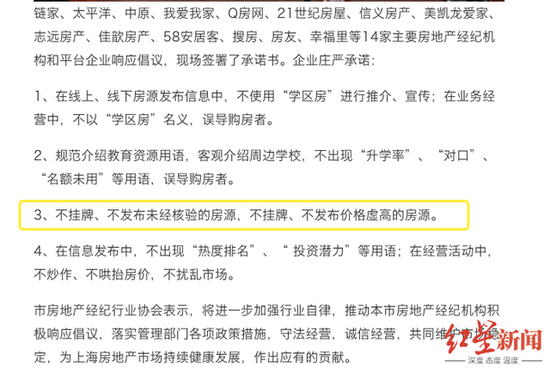 规范房源挂牌和信息发布的自律倡议&nbsp;图片来源：红星新闻