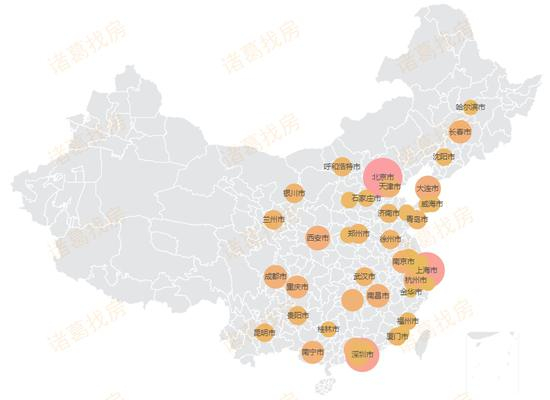 　2019上半年全国租房压力气泡图（整租一居），气泡越大，租房压力越大。数据来源：各城市统计局、诸葛找房数据研究中心