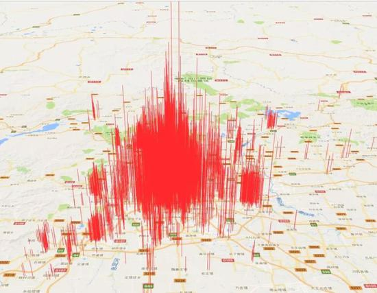 图片说明：北京房价分布图（红线越高代表房价越高）