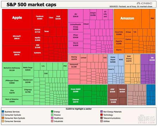 截止至8月31日，标准普尔500指数中亚马逊与其他公司股票的比较（来源：CNBC）