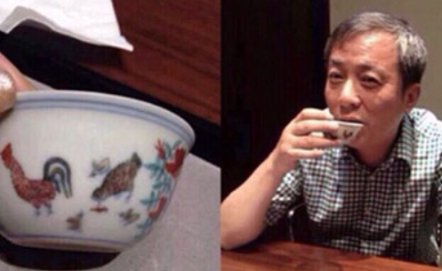 ▲刘益谦用鸡缸杯喝茶引发热议。图片来自网络。