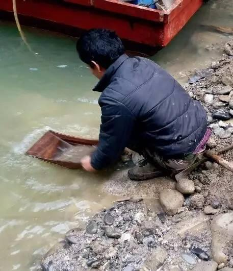 淘金者将打捞出来的砂石进行淘洗