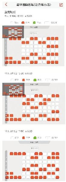 猫眼平台上显示北京嘉华国际影城（活力东方店）3月9日三场座位分布情况，角落座位全被选定。&nbsp;