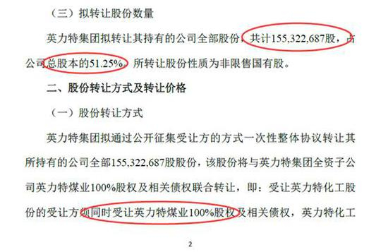 英力特股份与英力特煤业同时转让