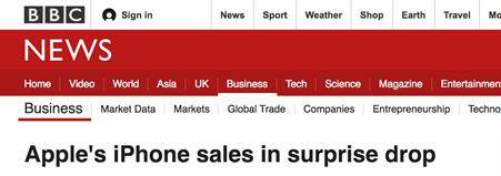 &nbsp;&nbsp;&nbsp;&nbsp;&nbsp;&nbsp;&nbsp; 苹果手机销量意外下跌（英国广播电台）
