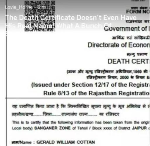 △把创始人姓氏Cotten拼写成Cottan的死亡&nbsp;证明来源： Twitter@ImMattJones