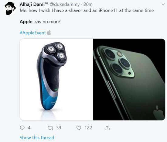我：我真想同时拥有剃须刀和iPhone 11 &nbsp;苹果：我懂了（Twitter截图）
