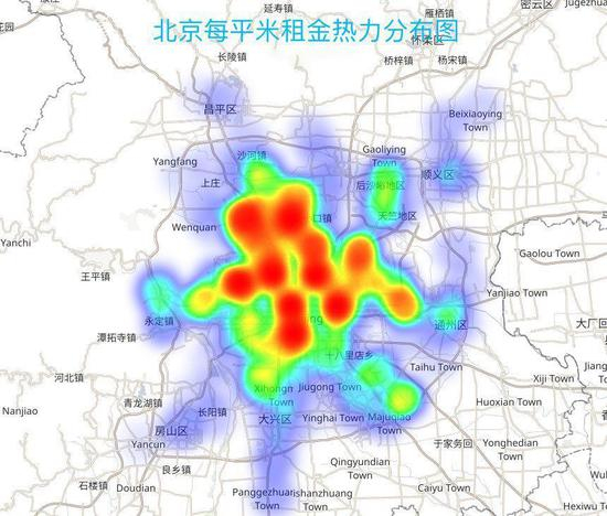 图片说明：北京每平方米租金热力分布图