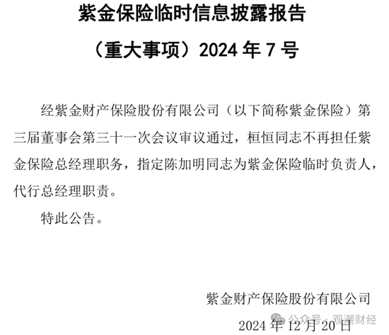 （紫金财险2024年12月20日公告）