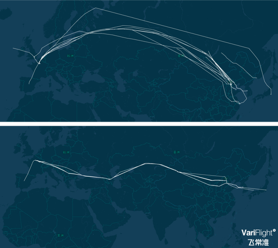俄欧互关领空前后，欧亚之间的主要直飞航线出现南移&nbsp; &nbsp;&nbsp;图片来源：高德地图截图，飞常准画图