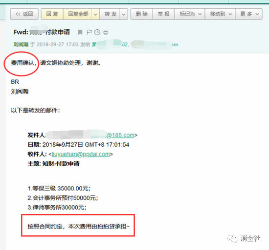 老飘发给拍拍贷的费用确认邮件截图