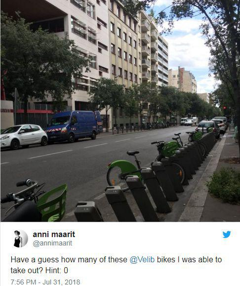 　▲网友抱怨Vélib故障：猜一猜这些Vélib车中哪辆能骑？0辆。 &nbsp;图据《南华早报》