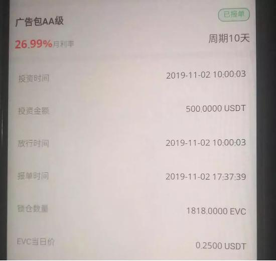 EVC宣传资料显示，其月收益高达26.99%