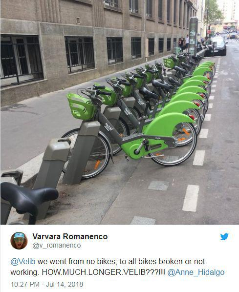 ▲另一位网友的抱怨：从没有自行车，到所有自行车都坏了或者无法正常工作，Vélib还能坚持多久？ &nbsp;图据《南华早报》