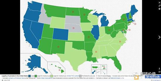  美国各州大麻（医疗/娱乐）合法‘/非法的状态总览 | 来源：Wikipedia