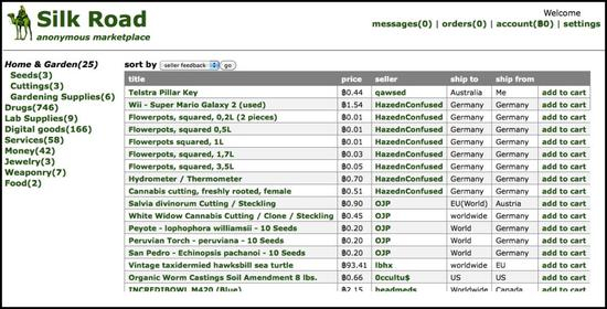  丝绸之路主页截图，注意“账户”列单显示比特币为货币