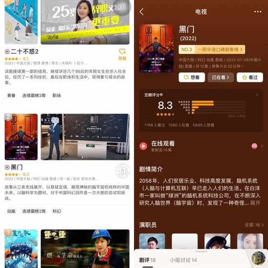 图/豆瓣华语剧周播排行（左）、 豆瓣《黑门》评分（右） 来源/豆瓣 燃次元截图