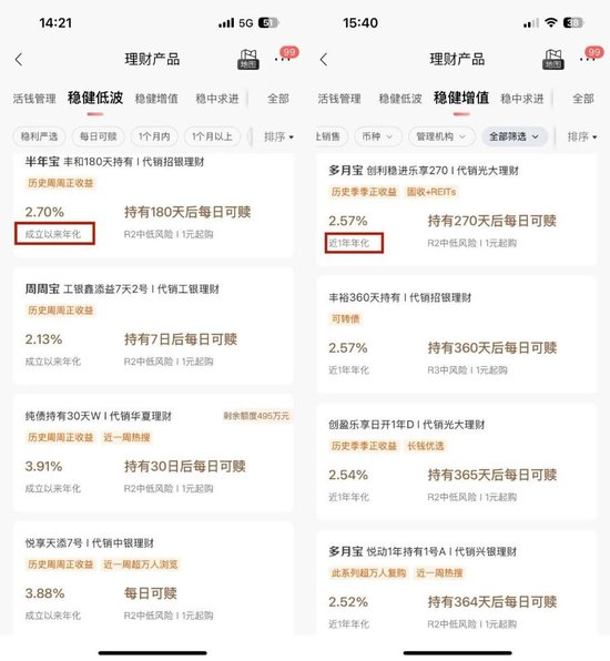 （招行APP对理财产品的业绩展示）