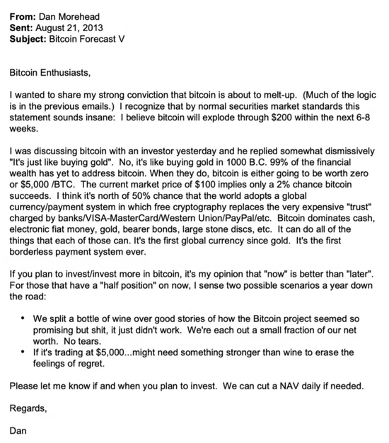 Odaily 注：在 2013 年 8 月 21 日的邮件中，Dan 再次狂奶 BTC，并预测将出现“融涨”行情。