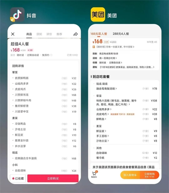 某火锅店抖音及美团套餐对比：同等价格下，抖音性价比更高