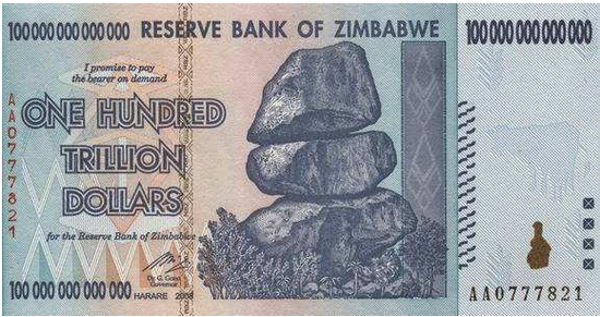  津巴布韦面值100万亿的钞票