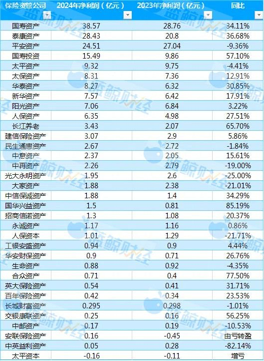 （2024年保险资管公司利润榜单；蓝鲸新闻制图）
