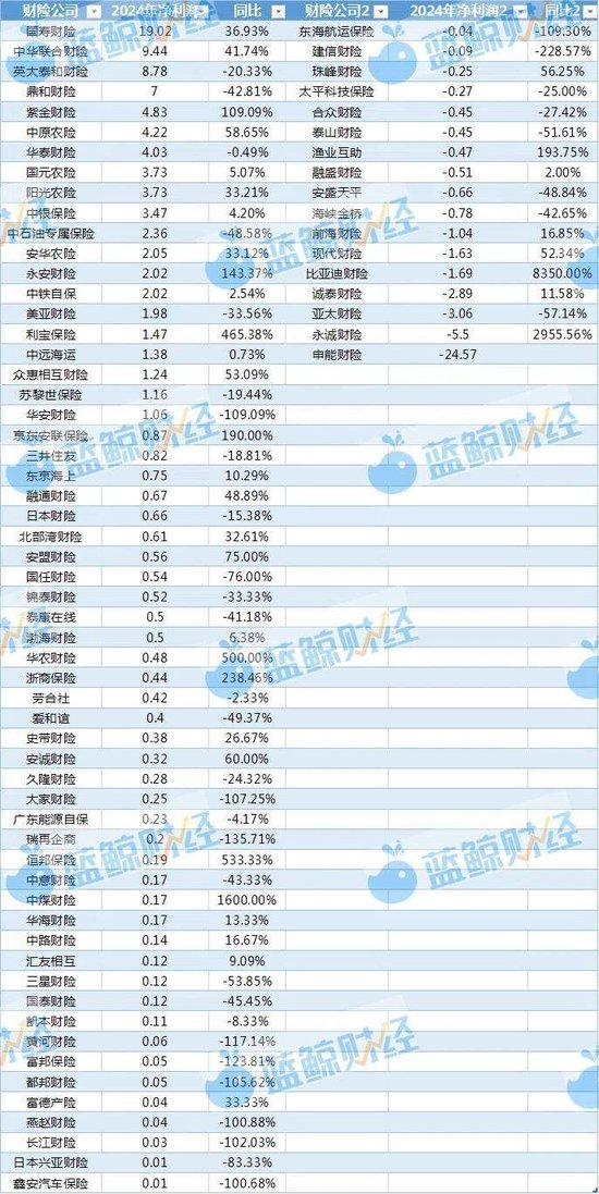（非上市财险公司2024年净利润，单位：亿元；制表：蓝鲸新闻）