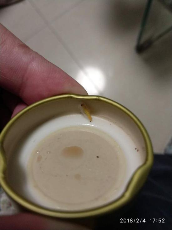 （图为第二瓶瓶盖中的虫子与不明絮状物）