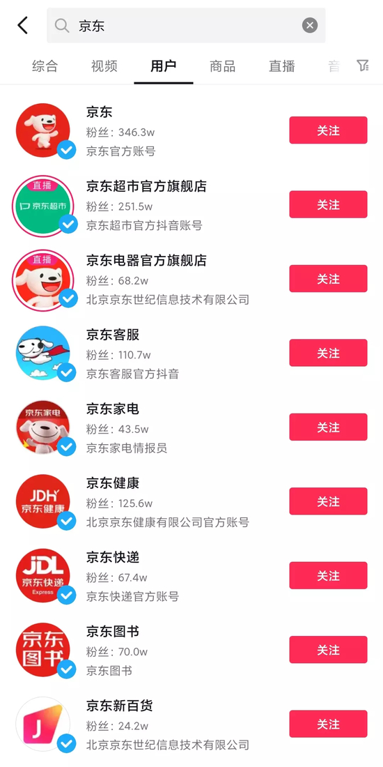 图/抖音平台与京东有关的官方账号（节选） 　　来源/抖音 &nbsp;燃次元截图