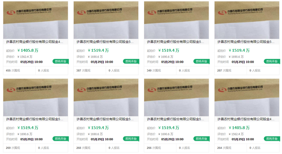 　许昌农商行部分股金拍卖信息。图片来源于阿里拍卖网。