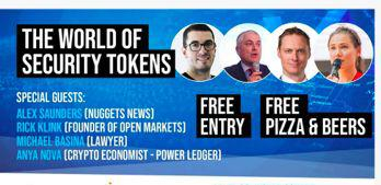 Security Token法规专题聚会宣传海报中，显著的“免费啤酒披萨“字眼