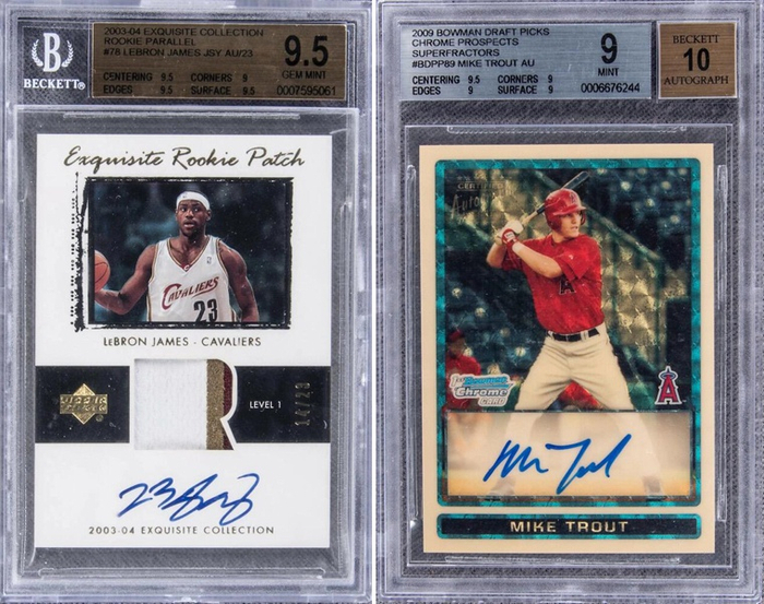 　　左：拍出180万美元的詹姆斯新秀卡。右：史上最贵球星卡——迈克·特劳特的一编新秀折签。 图片来源：Goldin拍卖行