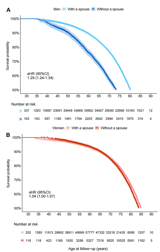 图2 Kaplan-Meier估计有伴侣和无伴侣个体的死亡风险 图片来源：Xiao et al．， 2023